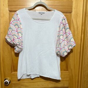 See and be Seen White Gauze Large Top with Rainbow Embroidered Puff Sleeves.